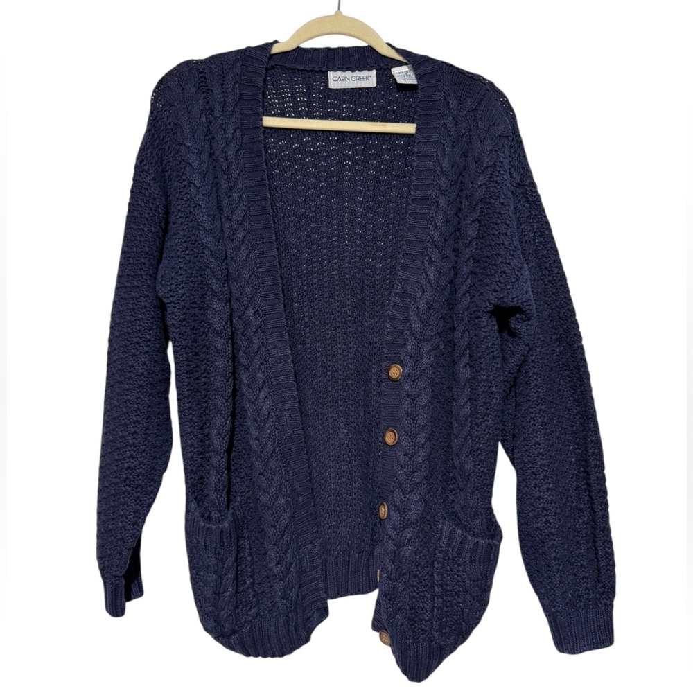 Vintage Cotton Knit Button Front Fisherman Grandpa Sweater Cardigan Small‎ Navy